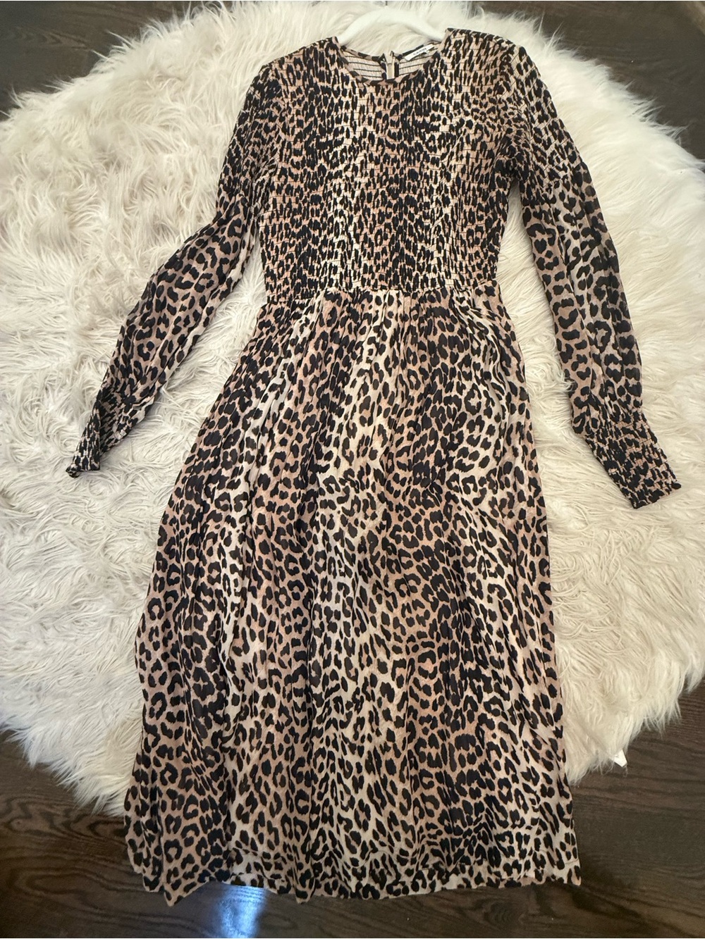 Ganni Leopard Print Long Sleeve Midi Dress - Beige & Black